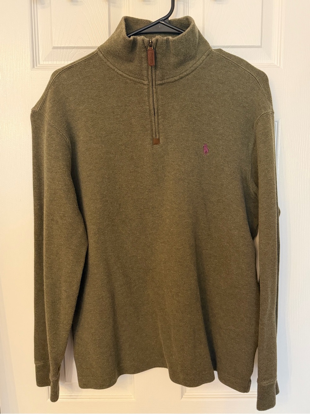 Ralph Lauren Olive Green Quarter-Zip Sweater with Pink Polo Logo